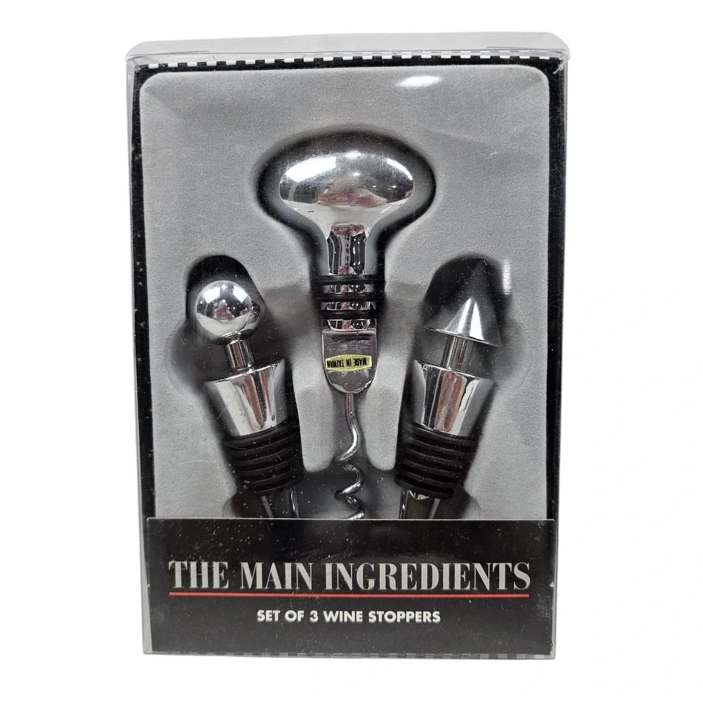The Main Ingredients Set of 3 Wine Stoppers & Corkscrew Chrome Style 127H803 NEW